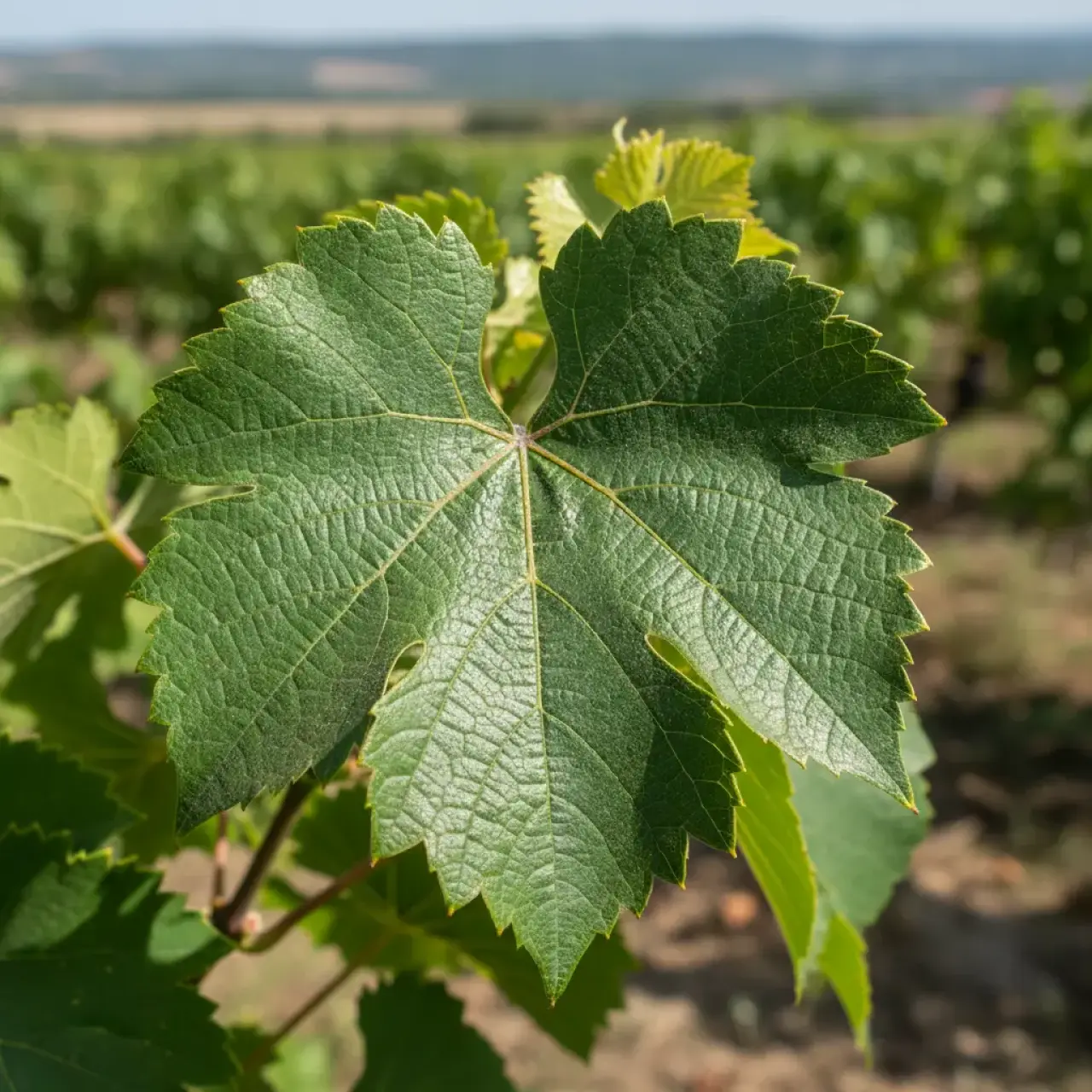 Крупный план листа винограда Анюта, showing veins and texture